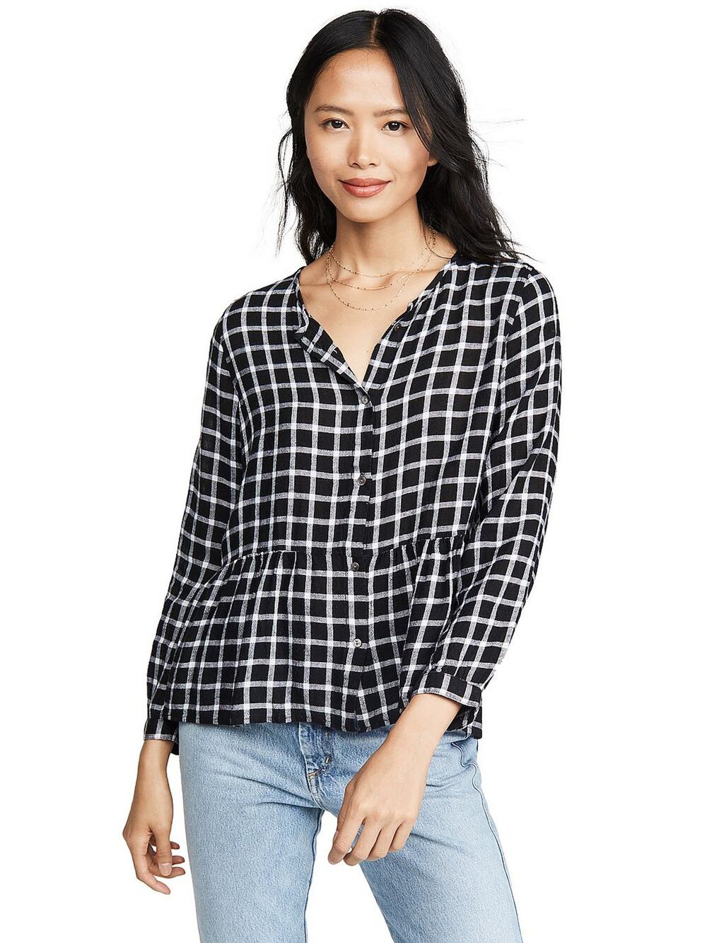 Rails Celeste Onyx Plaid White Check Linen Blouse